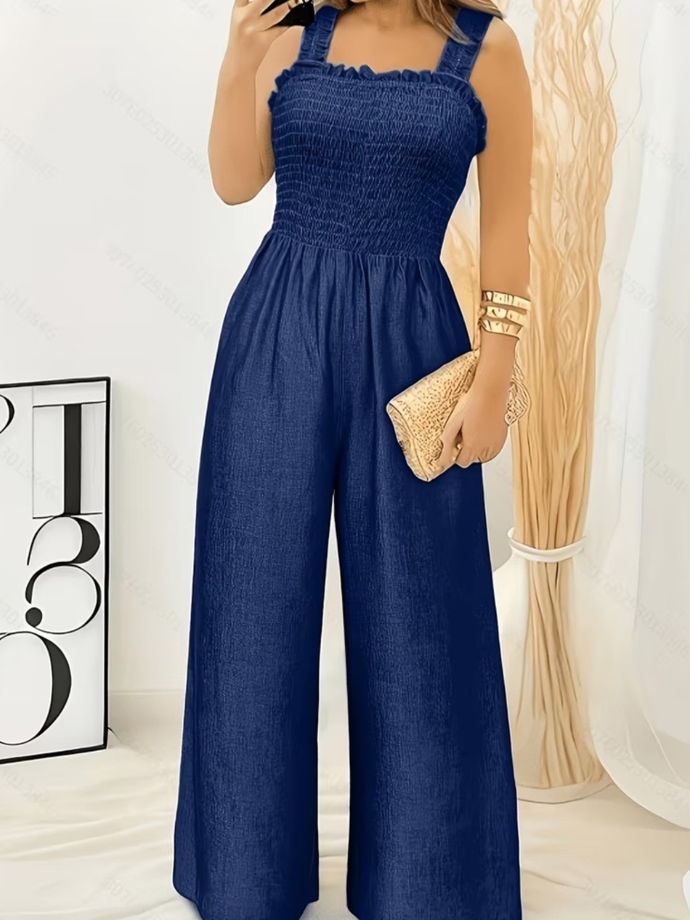 Smocked Wide-Leg Jumpsuit - Navy